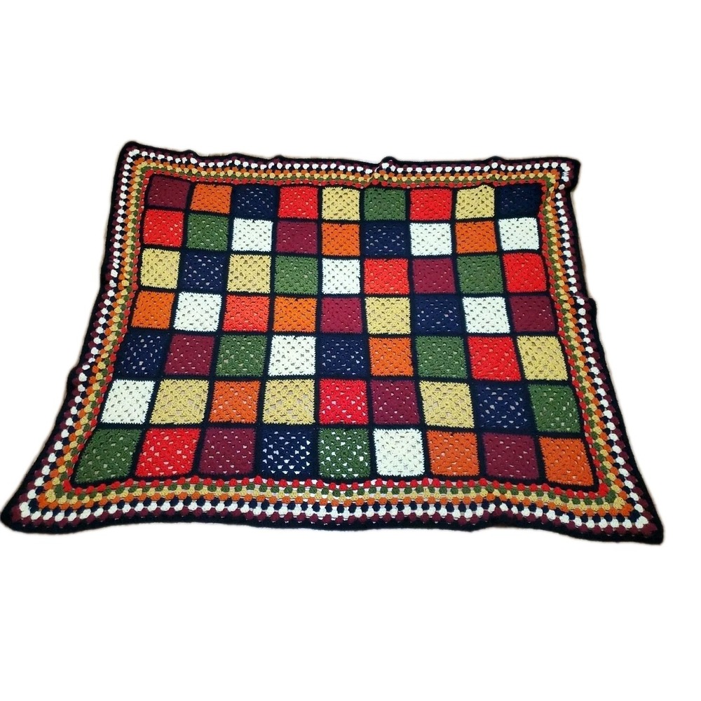 Vtg Granny Square Crochet Afghan Blanket Handmade 58x45 Multi Color Retro Throw